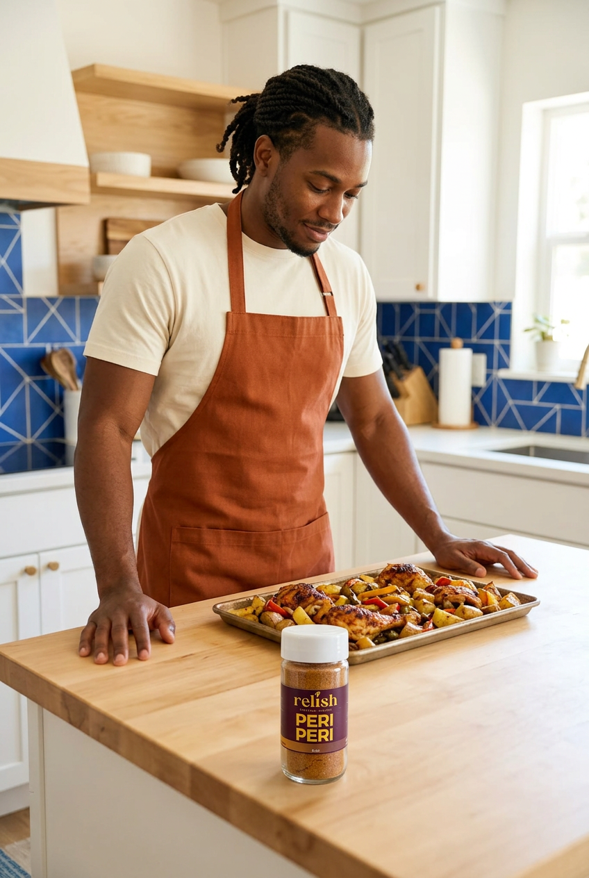 A man wearing a white t-shirt and an orange-brown apron stands in a bright kitchen, looking down at a baking sheet of roasted vegetables. In the foreground on a wooden countertop is a clear jar of Relish Market Peri Peri seasoning.