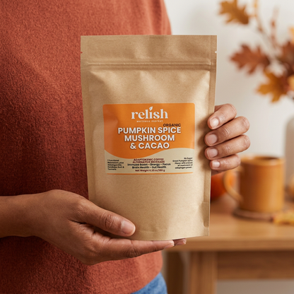 Close-up of a person holding Pumpkin Spice Mushroom and Cacao Blend
