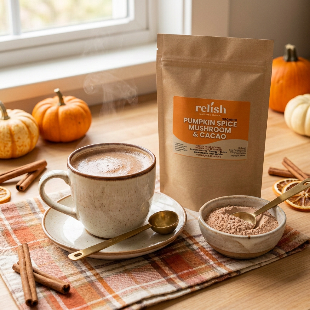 Pumpkin Spice Mushroom and Cacao Blend with lighter powder in the bowl