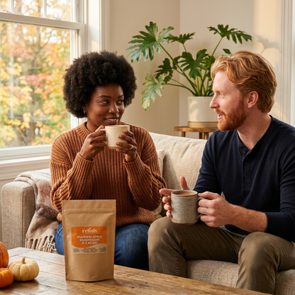 Two adults enjoying warm Pumpkin Spice Mushroom and Cacao Blend drinks in a cozy living room