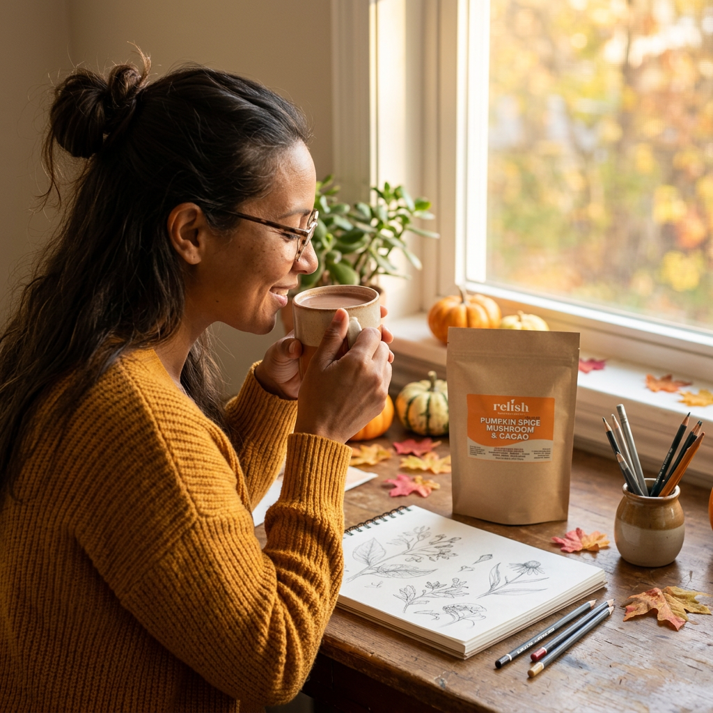 Woman enjoying Pumpkin Spice Mushroom and Cacao Blend at an artist's desk