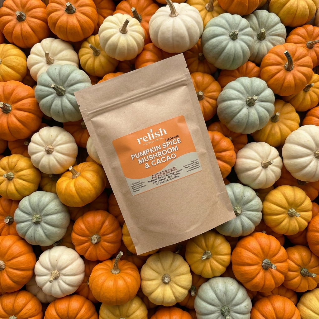 Pumpkin Spice Mushroom and Cacao Blend tilted left on mini pumpkins