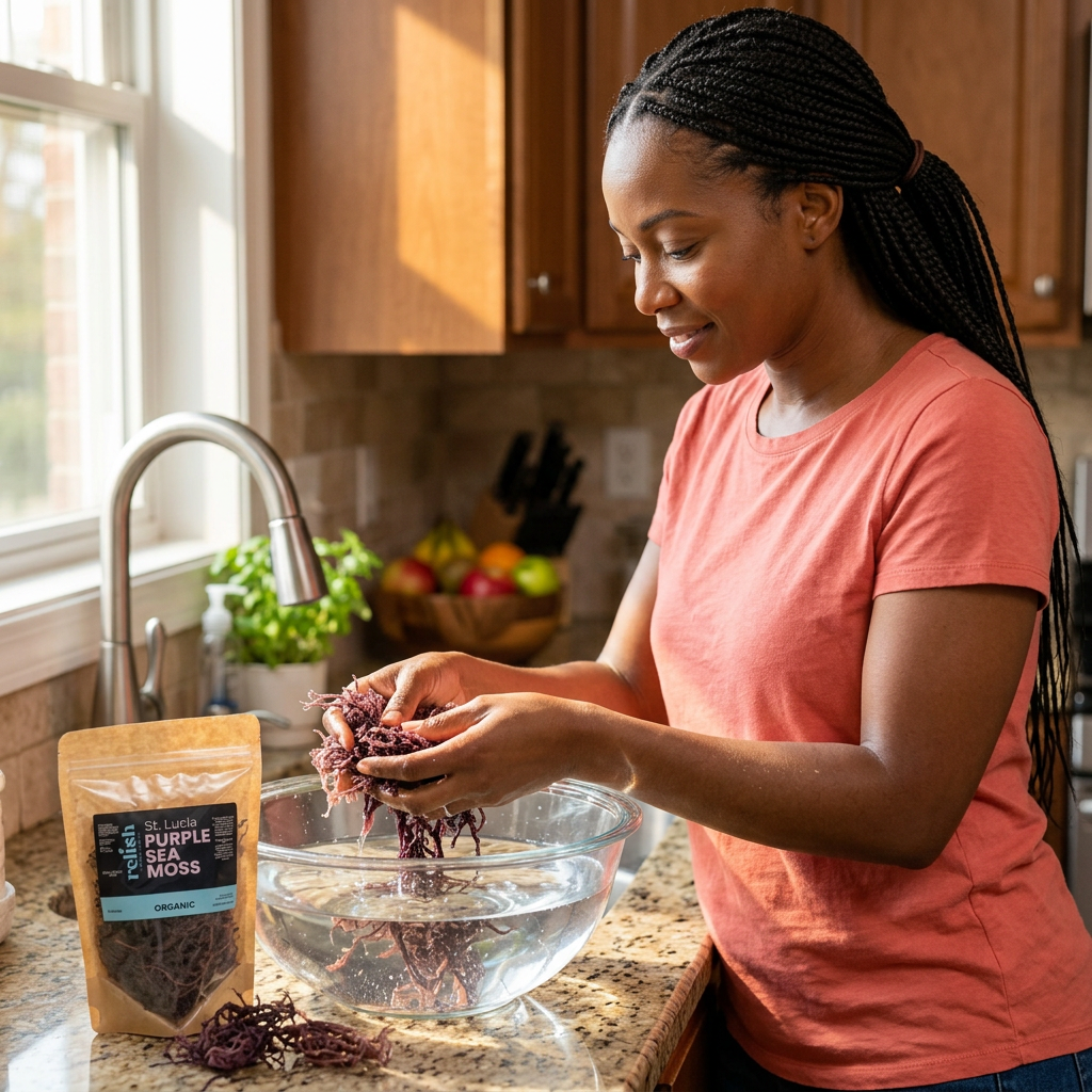 Woman rinsing purple sea moss in a large glass bowl with water, and with a bag of Raw Purple Sea Moss by Relish Market on the counter 