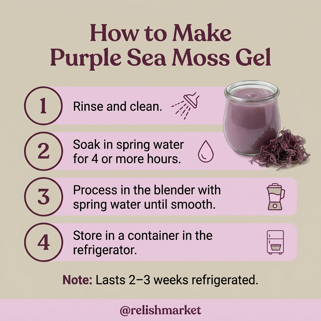 Purple sea moss gel infographic showing 4 step to process and make puree sea moss gel