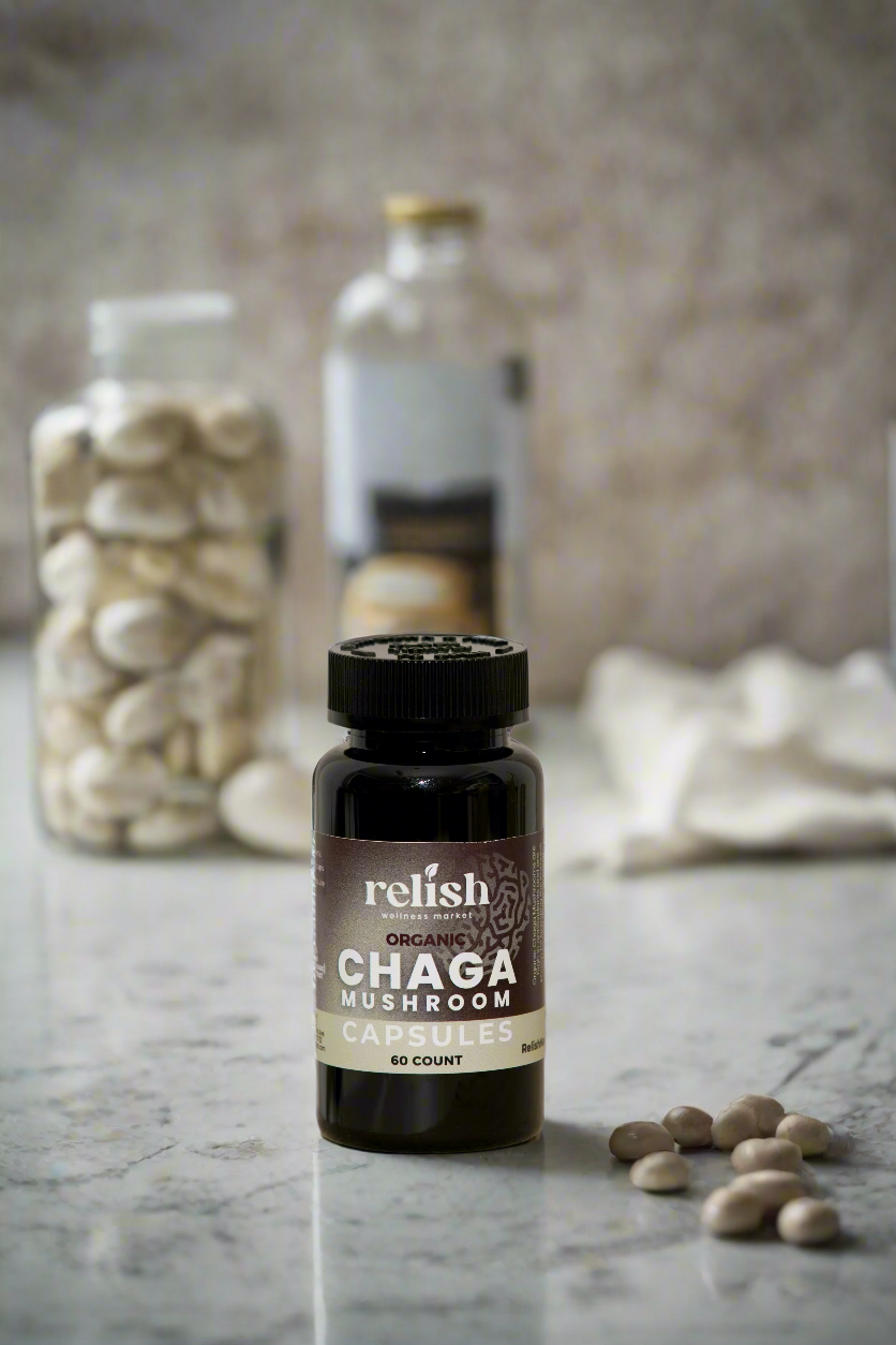 Relish Market Chaga Mushroom Capsules 60 count on counter
