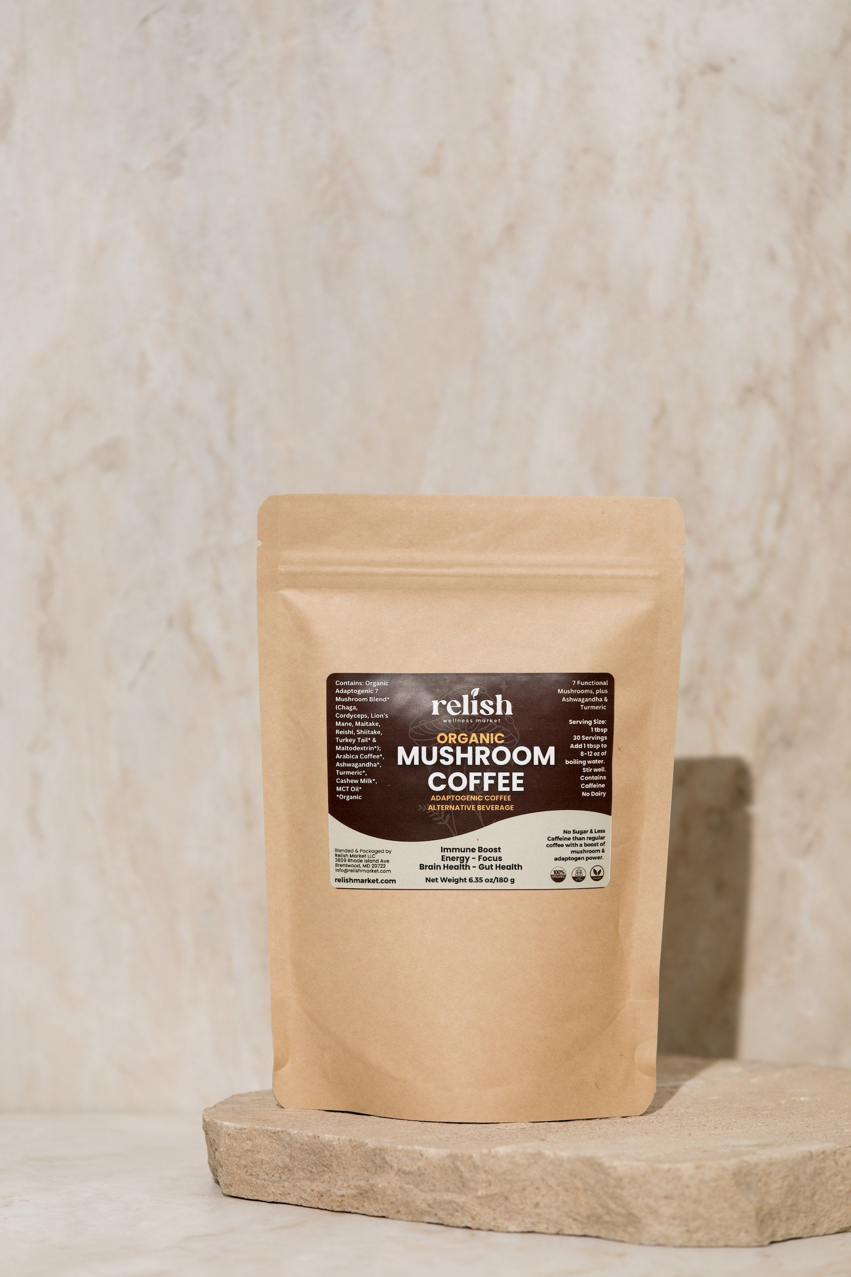 Relish Market Mushroom Coffee in zip bag