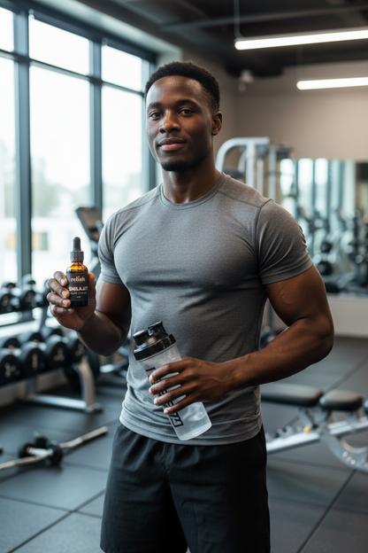 A man in a gray athletic t-shirt and black shorts stands in a gym holding a small amber bottle labeled 'Relish Market Shilajit drops' in one hand and a shaker bottle in the other.