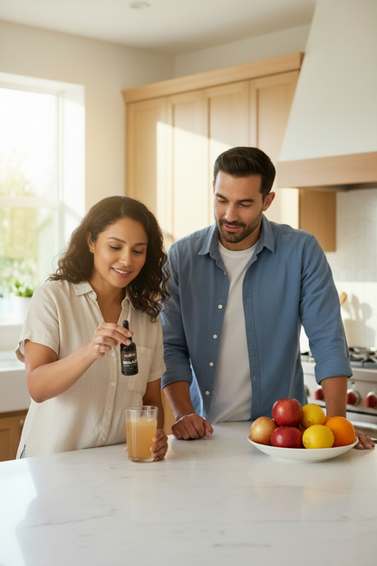 A man and a woman standing in a bright kitchen, with the woman holding a small bottle of Shilajit Liquid Extract by Relish Market and pouring into a glass of juice while the man looks on. A bowl of fruit sits on the counter nearby.