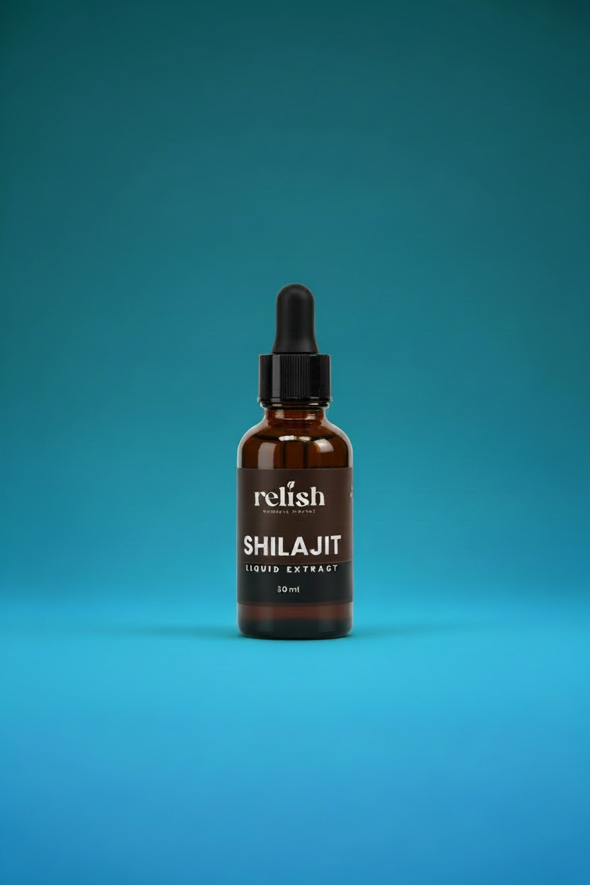 A 10 mL amber glass dropper bottle of Relish Market Shilajit Liquid Extract, centered against a vibrant blue gradient background.