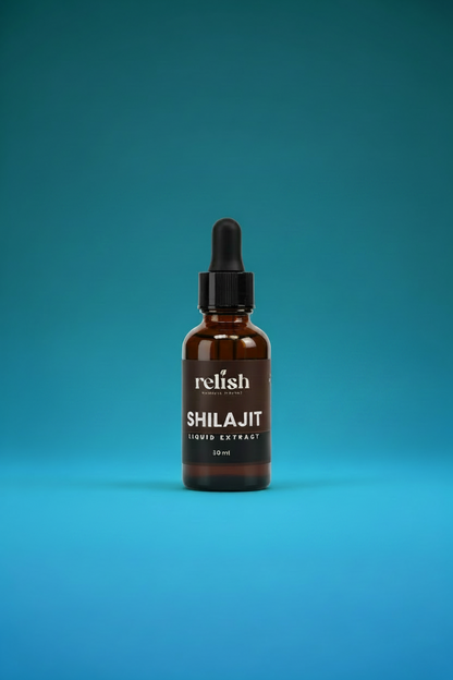 A 10 mL amber glass dropper bottle of Relish Market Shilajit Liquid Extract, centered against a vibrant blue gradient background.