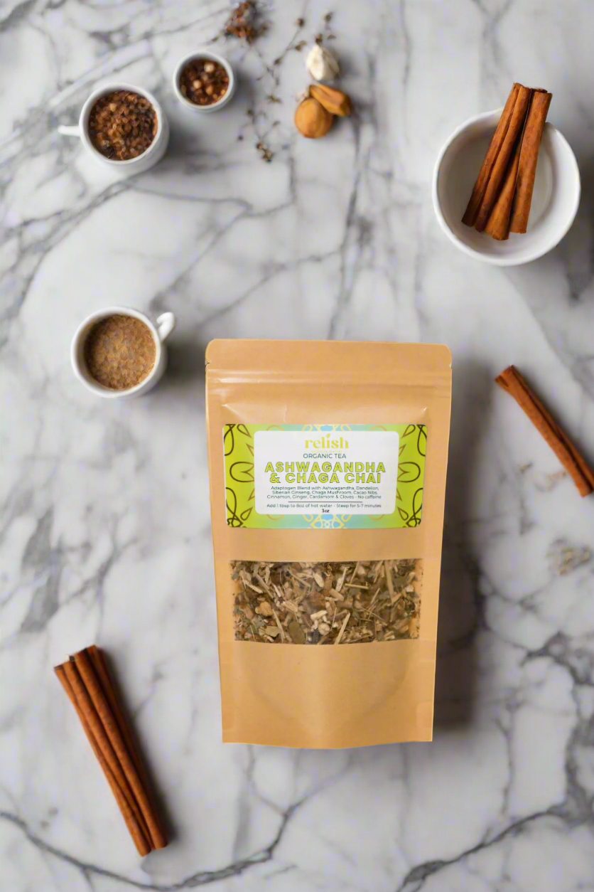 Ashwagandha & Chaga Chai Tea Blend marble background cinnamon chai spices 