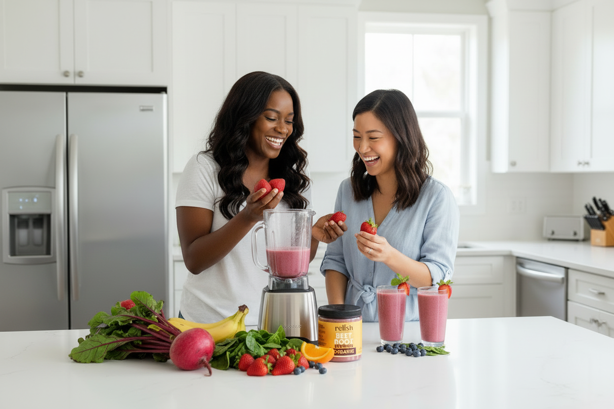 Two women smiling in a bright white kitchen, preparing and eating pink smoothies. One woman is adding a strawberry to a pink smoothie in a blender, while the other holds a strawberry.