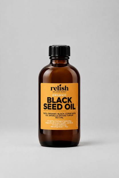 A 4 fl oz amber glass bottle of Relish Market's Organic Black Seed Oil with a black cap and a yellow label, centered on a light gray background.