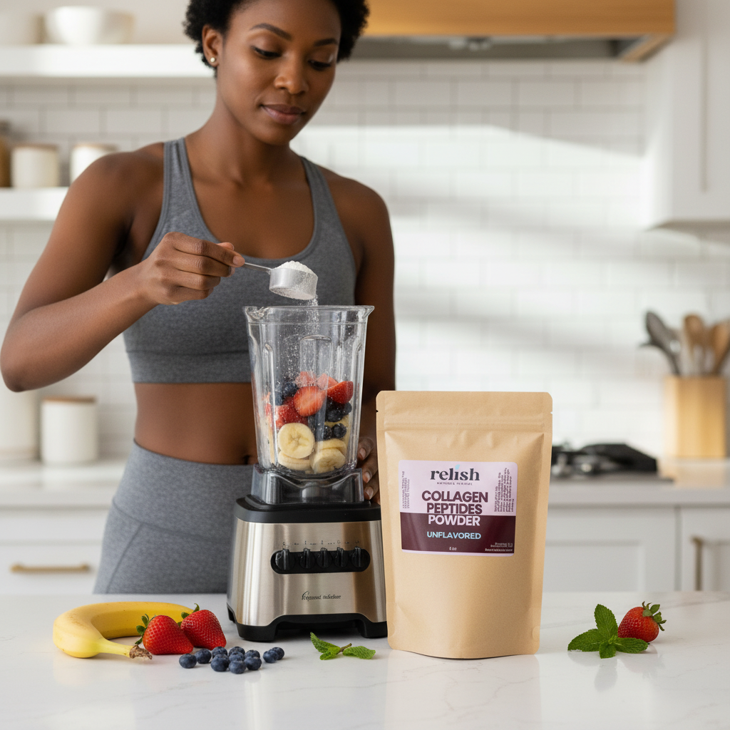 Woman in a kitchen pouring collagen peptide powder into a blender to make smoothie