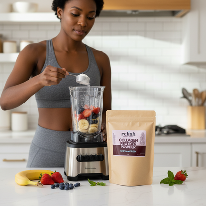 Woman in a kitchen pouring collagen peptide powder into a blender to make smoothie