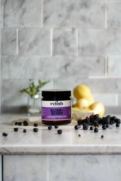 Relish_market_Elderberry Extract Powder jar on white counter