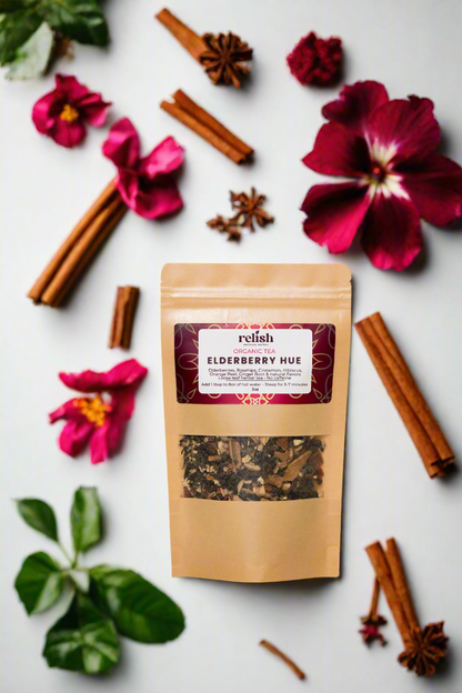 Relish Market elderberry hue loose leaf tea white background hibiscus cinnamon