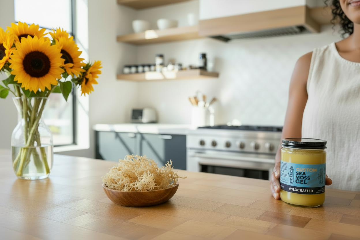 Person holding a jar of sea salt gel in a kitchen with sunflowers and a bowl of sea salt on the counter.