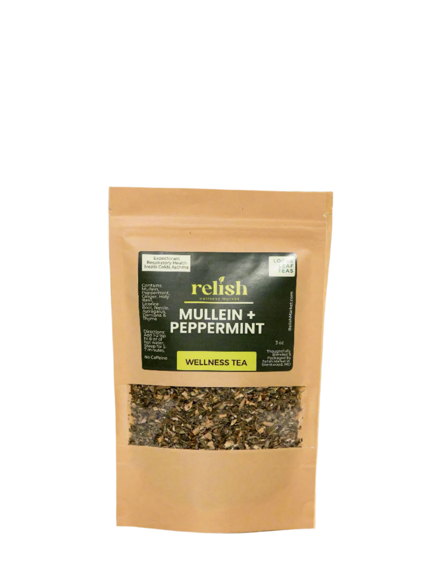 Kraft zip bag of Relish Market mullein & peppermint tea on a white background.