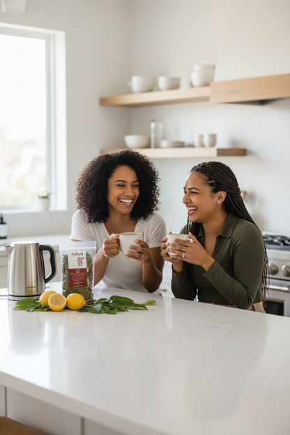 Packaged sour leaf tea with relish label on a kitchen counter with two women enjoying a cup of soursop tea.