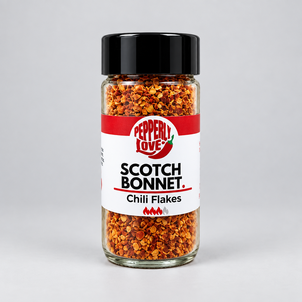 A glass jar of Pepperly Love Scotch Bonnet Chili Flakes with a black lid and white label, filled with red and orange chili flakes, on a light gray background.