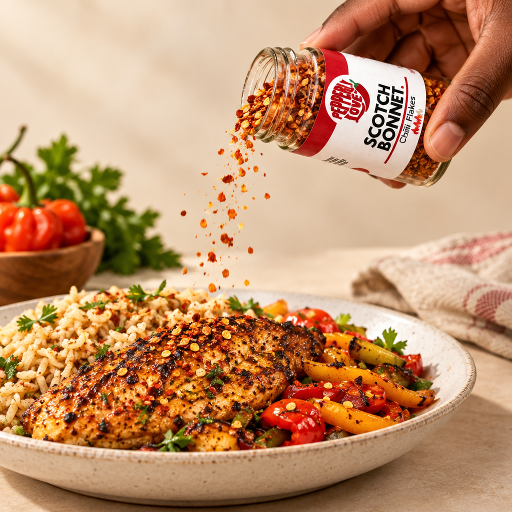 A hand holds a glass jar of Scotch Bonnet chili pepper flakes above a bowl of cooked rice, chicken, and vegetables, with the flakes sprinkling out. The background is a warm, softly blurred kitchen setting.