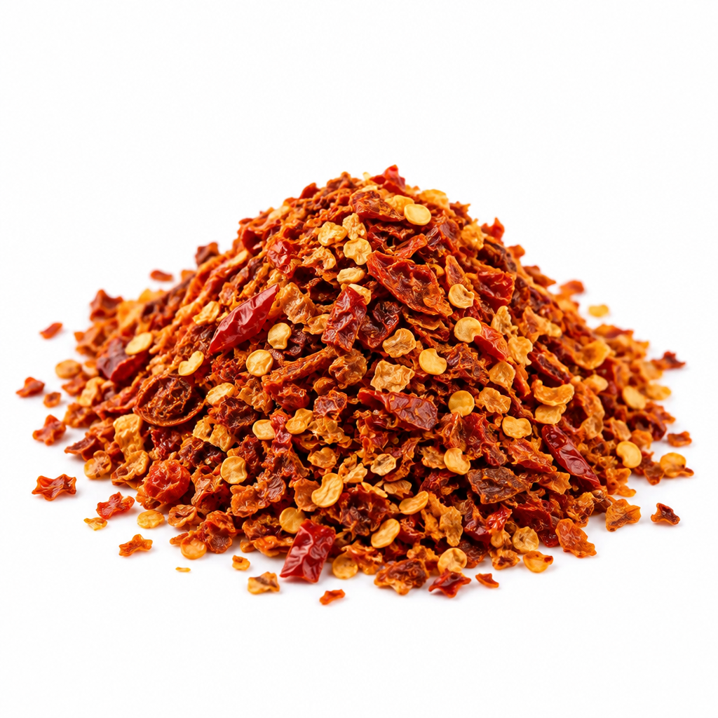 A mound of ground Scotch Bonnet red chili pepper flakes by Pepperly Love on a clean white background.