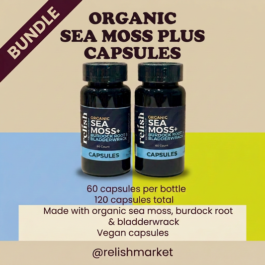 Sea Moss Capsules Bundle infographic showing 2 bottles of sea moss capsules by Relish Market. The capsule count and ingredients are listed.