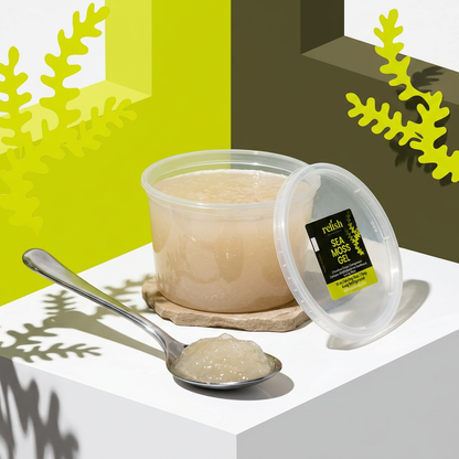 16 oz sea moss gel by Relish Market editorial with spoon and botanical shadows