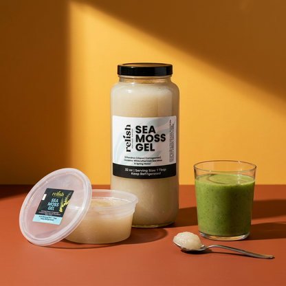 8 oz and 32 oz sea moss gel by Relish Market editorial with smoothie