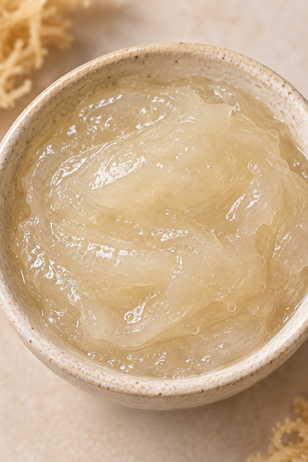 A close-up shot of a light beige ceramic bowl filled with translucent, pale yellowish-beige sea moss gel, set against a neutral beige background with subtle dried botanical elements in the corners.