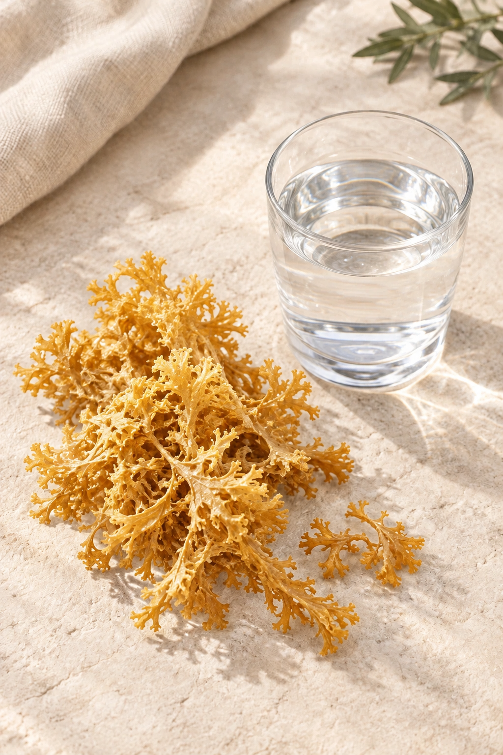 A pile of dried red sea moss placed beside a clear glass of water on a light stone surface with a beige cloth and green leaves in the background.