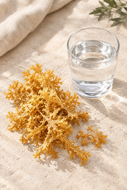 A pile of dried red sea moss placed beside a clear glass of water on a light stone surface with a beige cloth and green leaves in the background.