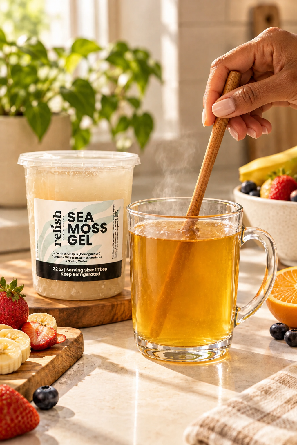 A hand holds a wooden spoon over a glass tea mug of pale yellowish liquid next to a tub of Relish Market SEA MOSS GEL on a kitchen counter with fruit and plants in the background.