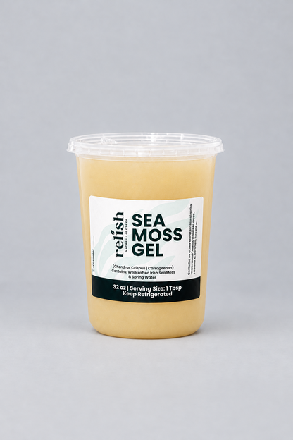 Container of Sea Moss Gel 32oz by Relish Market on a light gray background .