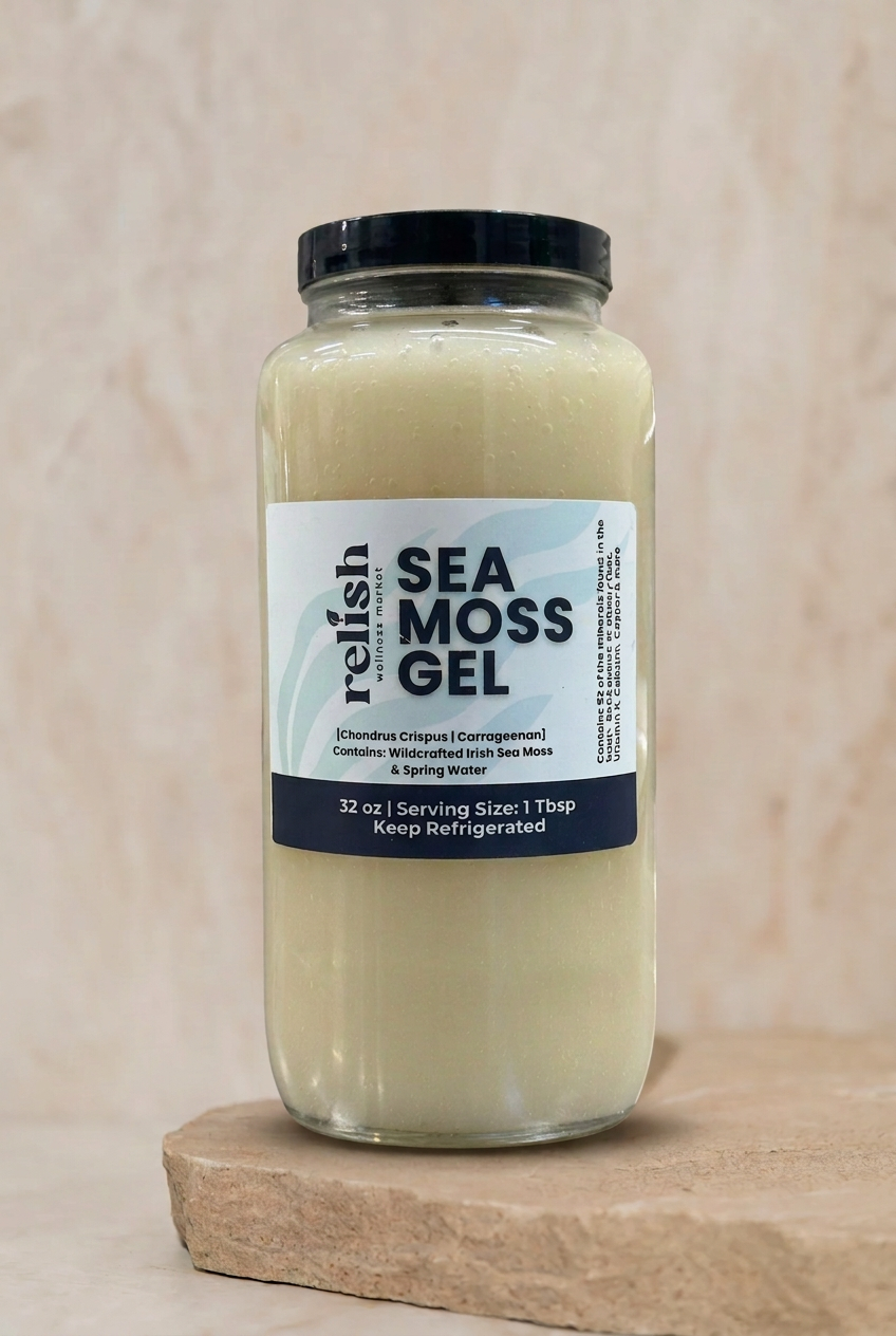 Sea Moss Gel 32oz by Relish Market on a stone slab and neutral background.