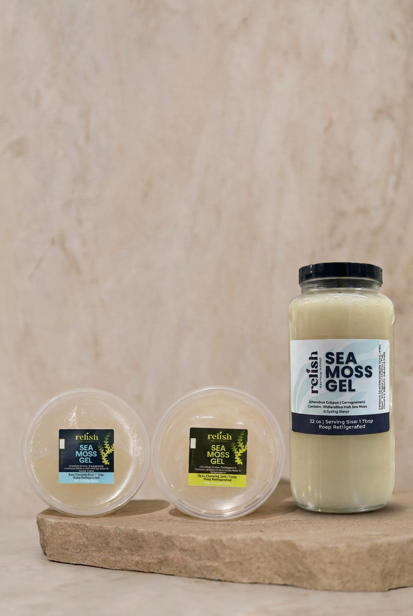 Three-size sea moss gel by Relish Market on a stone slab and neutral background. 