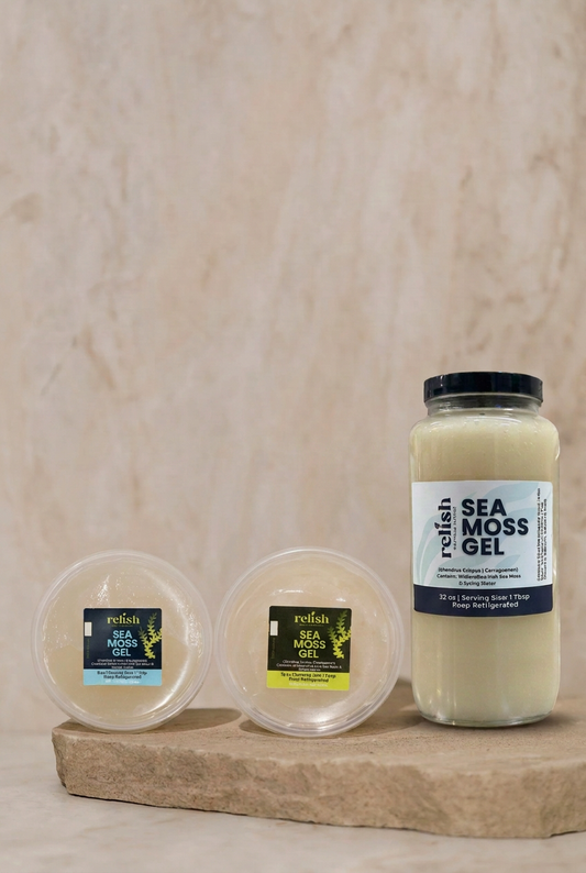 Three-size sea moss gel by Relish Market on a stone slab and neutral background. 