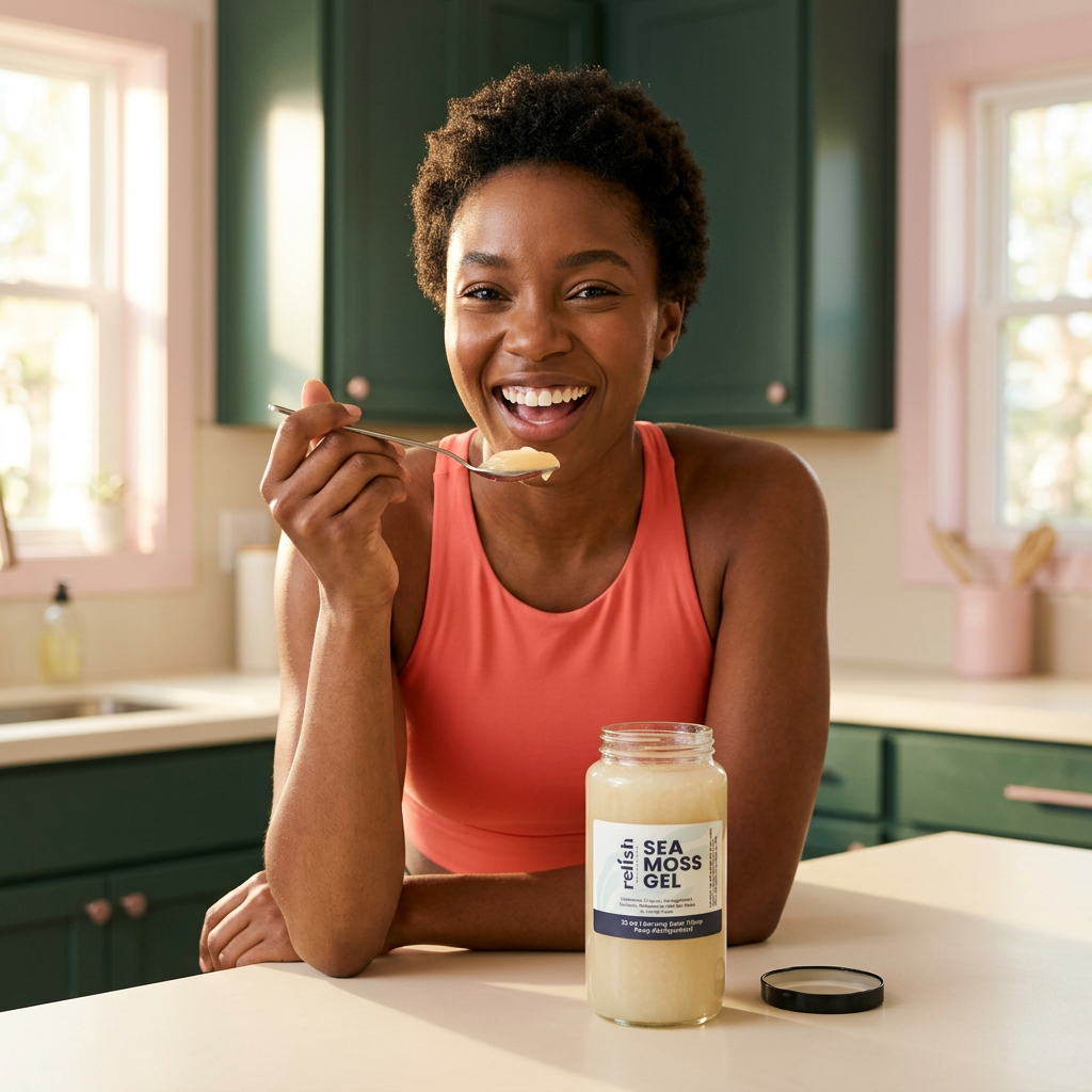 Young athletic woman in a kitchen, excited to taste sea moss gel 32oz size by Relish Market.
