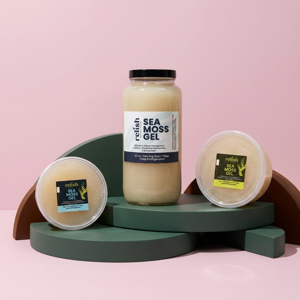 Three-size sea moss gel by Relish Market editorial on a pink background and green pedestals.