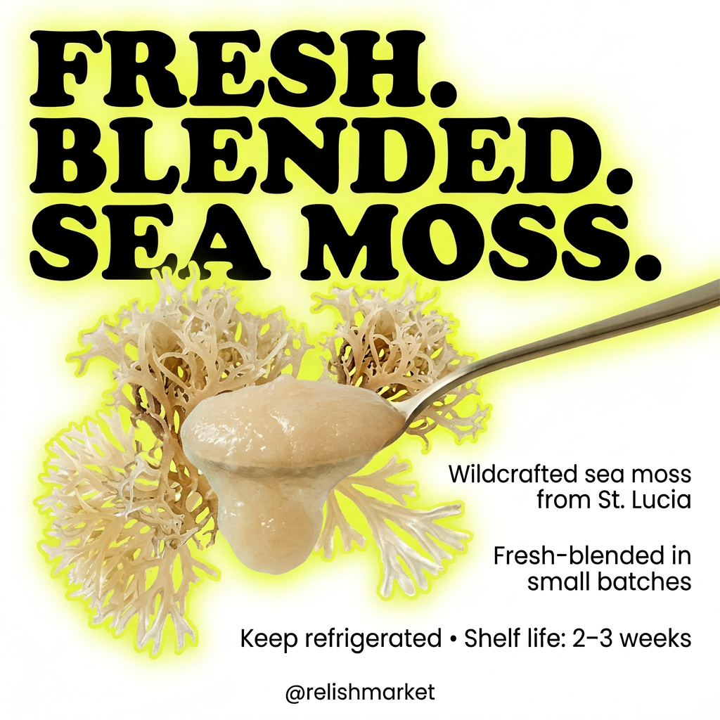 Sea moss infographic with pale gold and translucent ivory sea moss