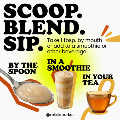 Bold sea moss gel by Relish Market showing usage infographic