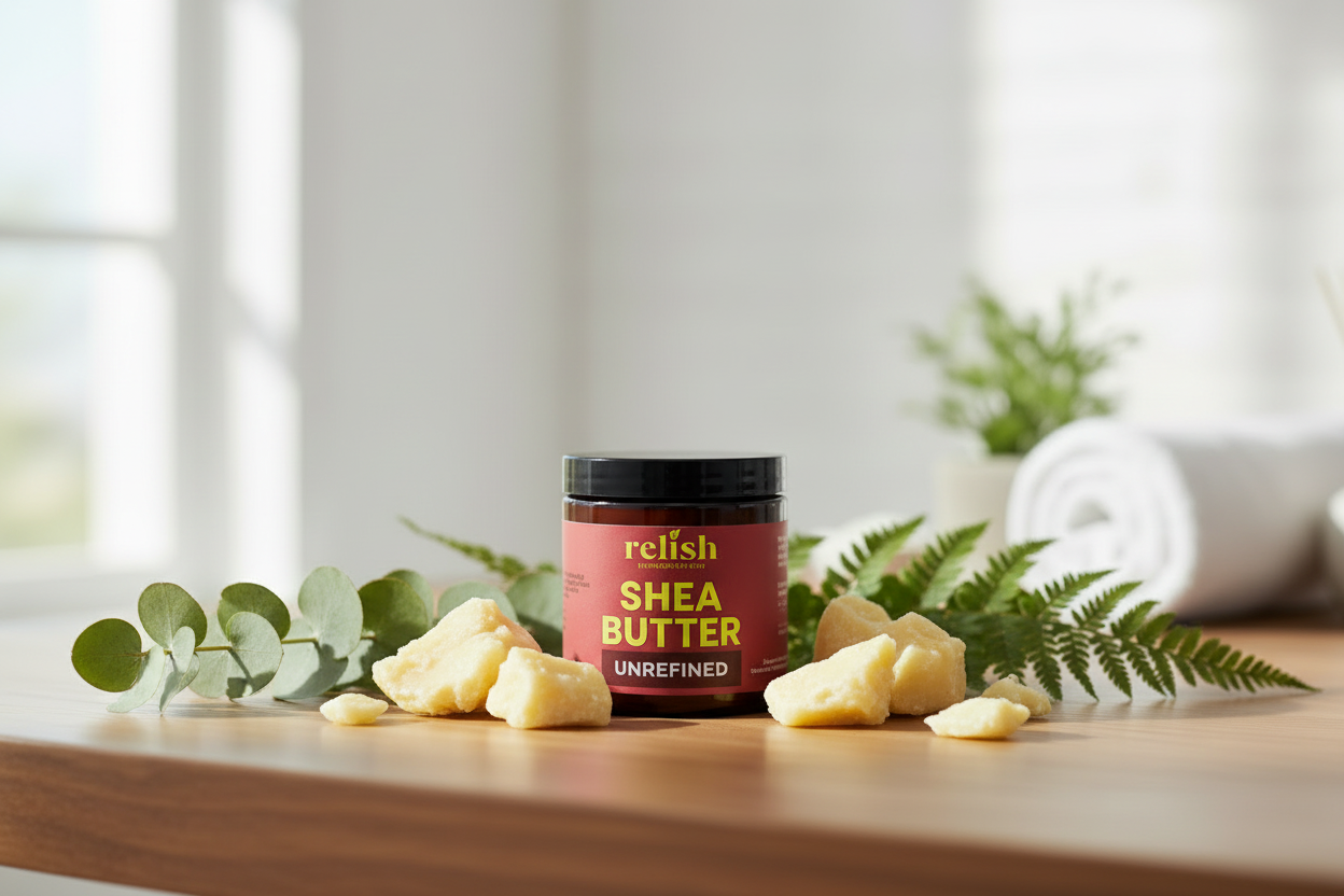 Jar of Relish Market Shea Butter on wood countertop with chunks of shea butter