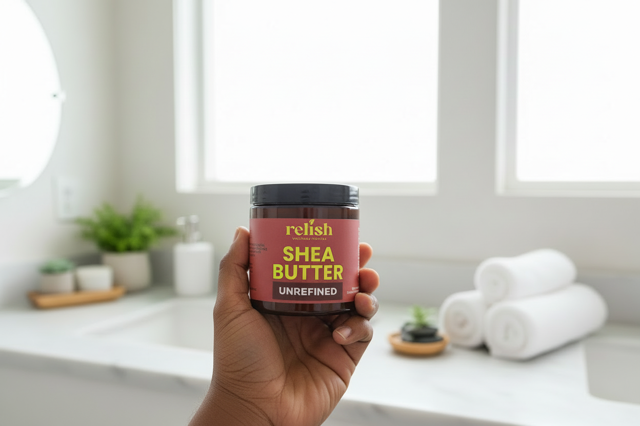 Jar of Relish Market shea butter held by a hand in a bathroom
