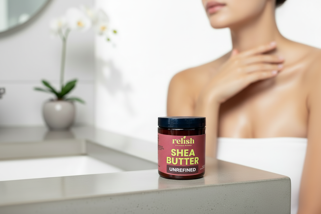 Jar of Relish Market shea butter on bathroom counter with person in background