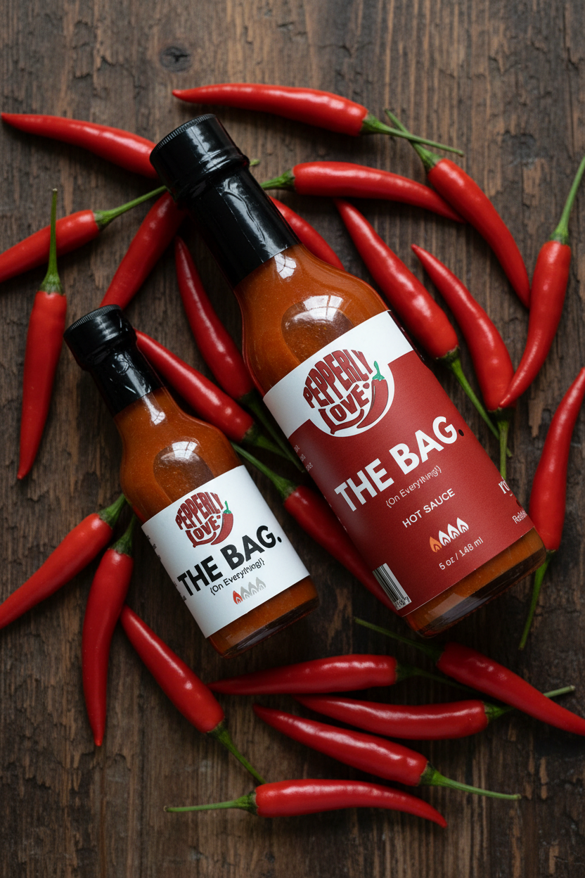 Small and Large The Bag Hot Sauce by Pepperly Love on a wood background with fresh cayenne peppers