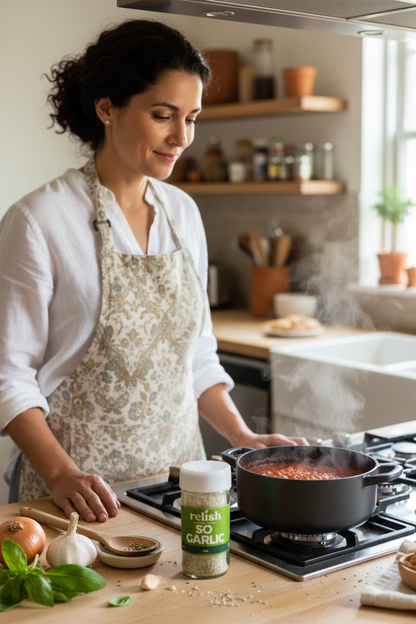 So Garlic Spice Blend on kitchen counter next to the stove with person cooking