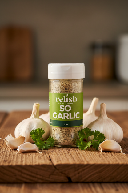 So Garlic Spice Blend on wood plank with garlic and parsley