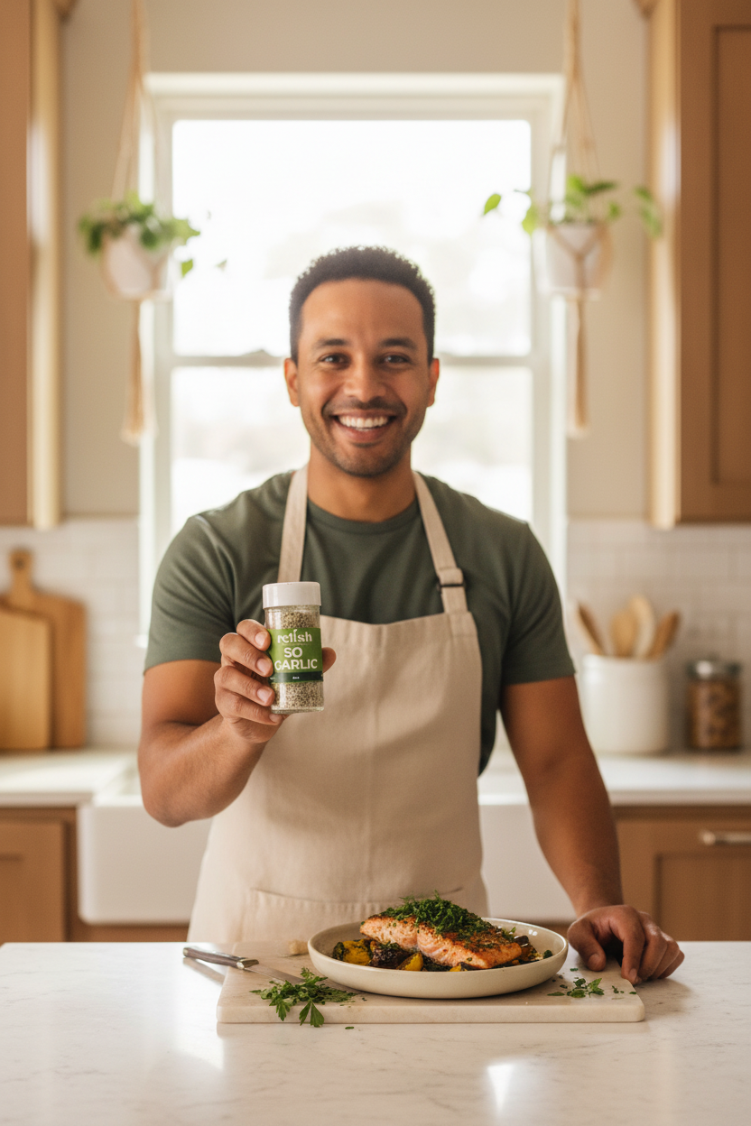 So Garlic Spice Blend with man holding the jar in a kitchen 