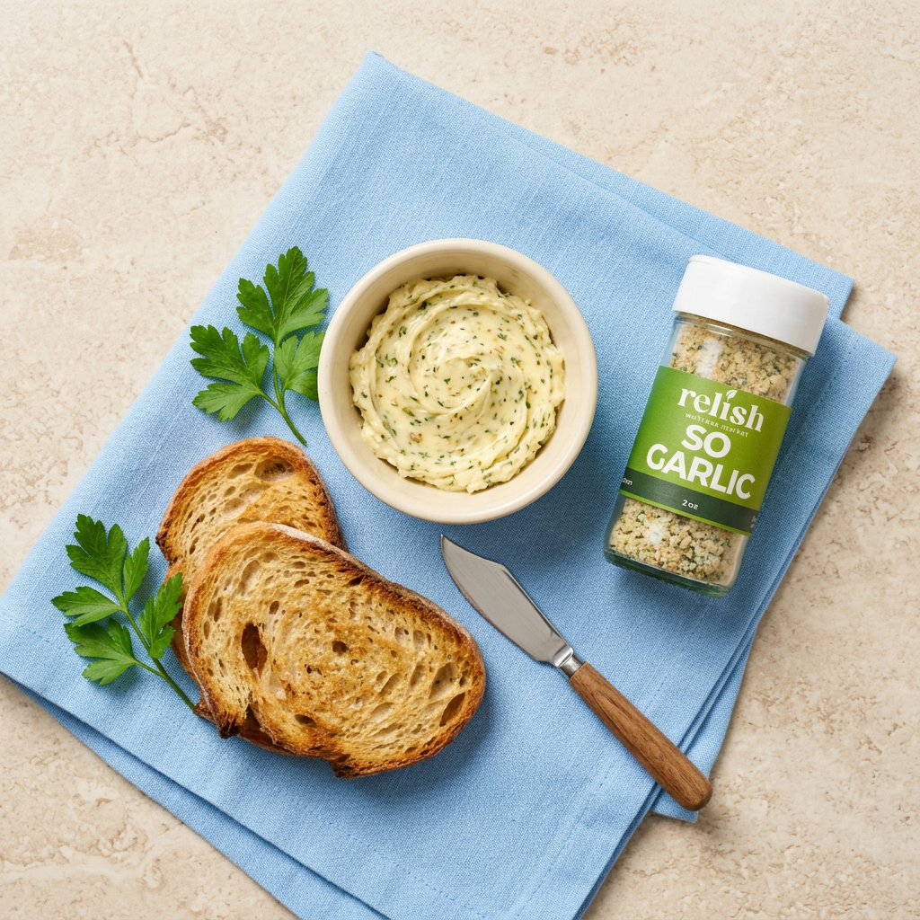 A jar of So Garlic Spice Blend by Relish Market positioned on a light blue cloth with a spread made with the spice blend and toasted bread.